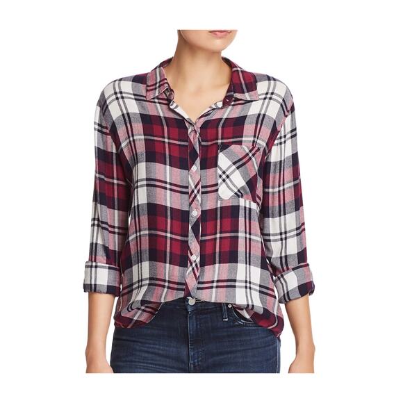 Rails Hunter Plaid Shirt Women’s Medium Rayon Button Down Navy/Burgundy Flannel - Picture 1 of 16